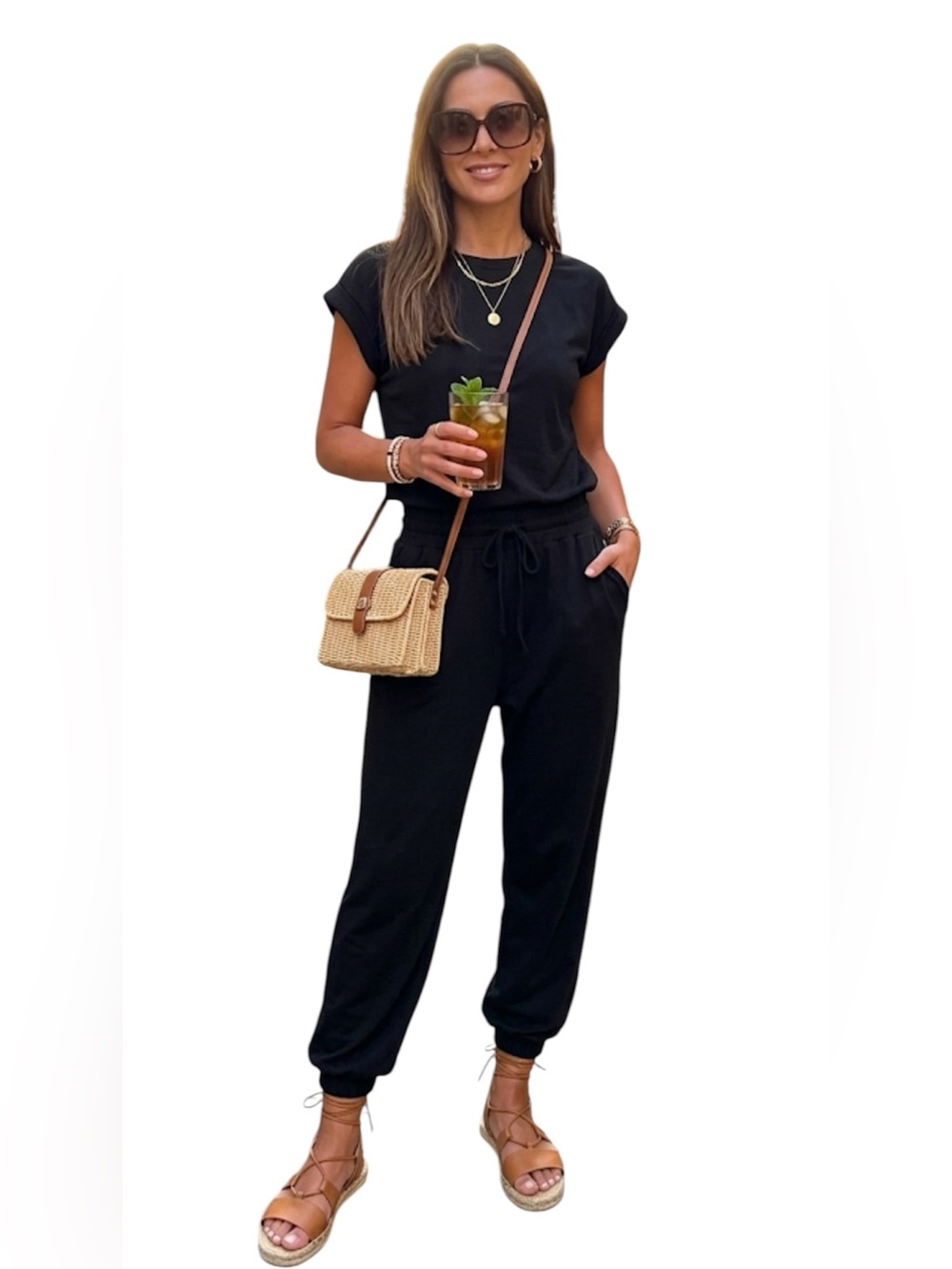 Womens Black T-shirt Jumpsuit One Piece Summer Joggers Romper Open back Medium